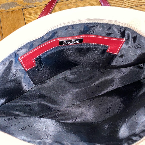 BCBG Max Azria Tan Canvas Red Leather Vintage Shoulder Bag - Picture 7 of 13